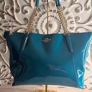 SOLD Coach Teal Patent Leather Chain Strap Tote Bag Large Shoulder Purse Zip Top